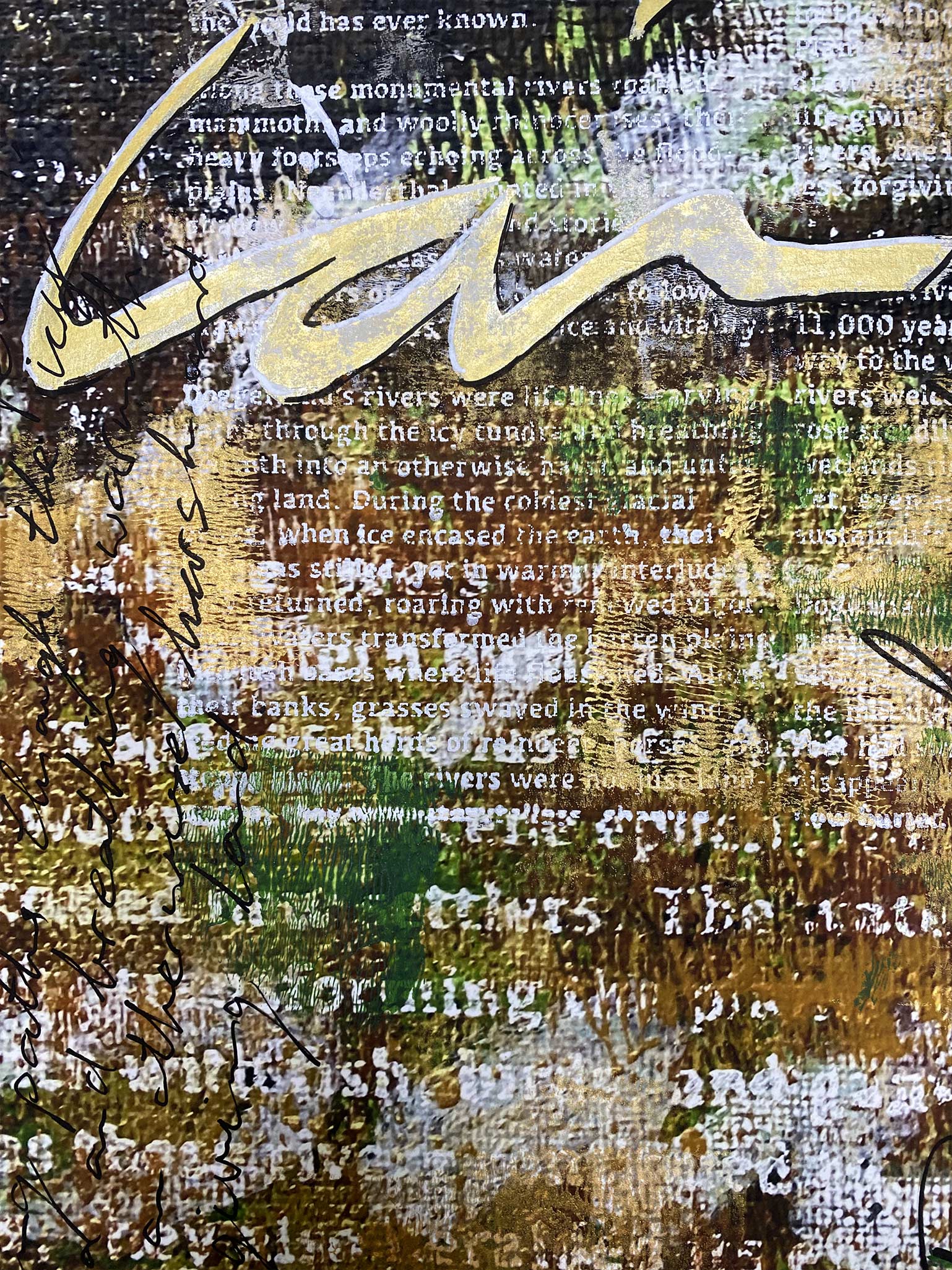 Kunstwerk Unforgiving Land van Elise Eekhout met abstracte tekst en rijke aardetinten