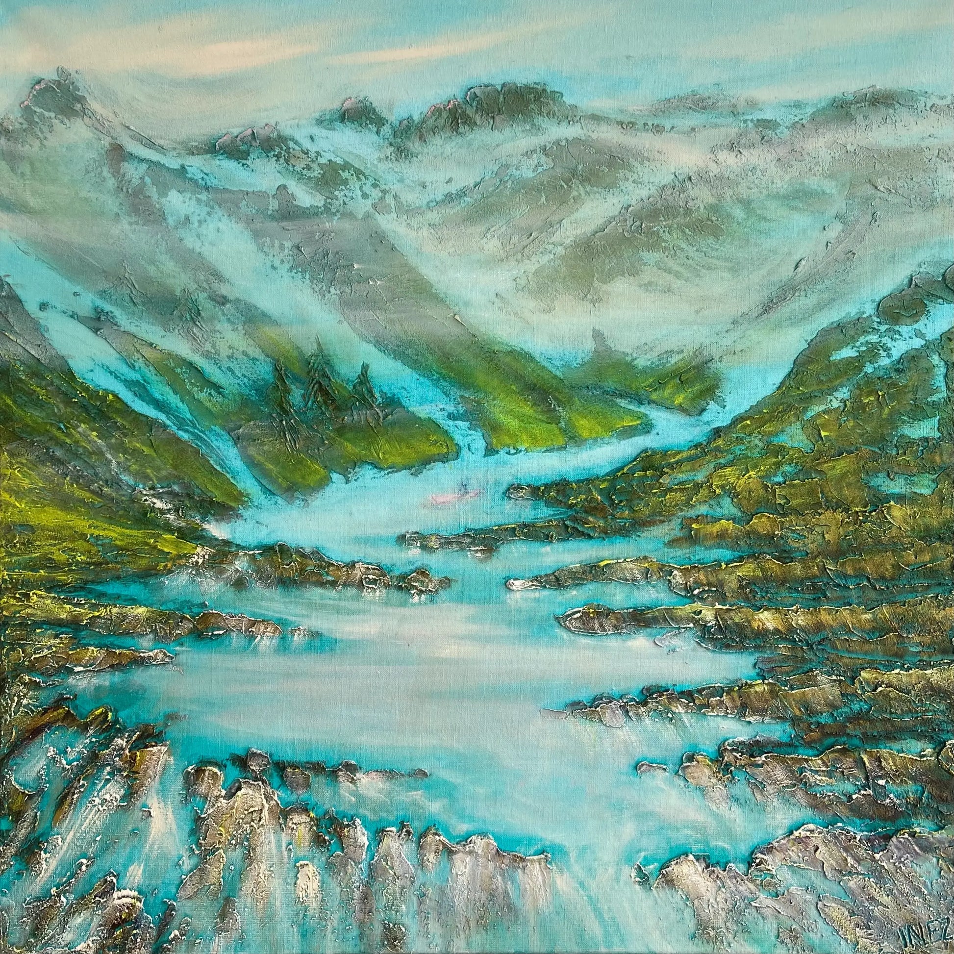 Schilderij van een prachtig landschap kunstwerk met bergen en een stromende rivier in levendige kleuren