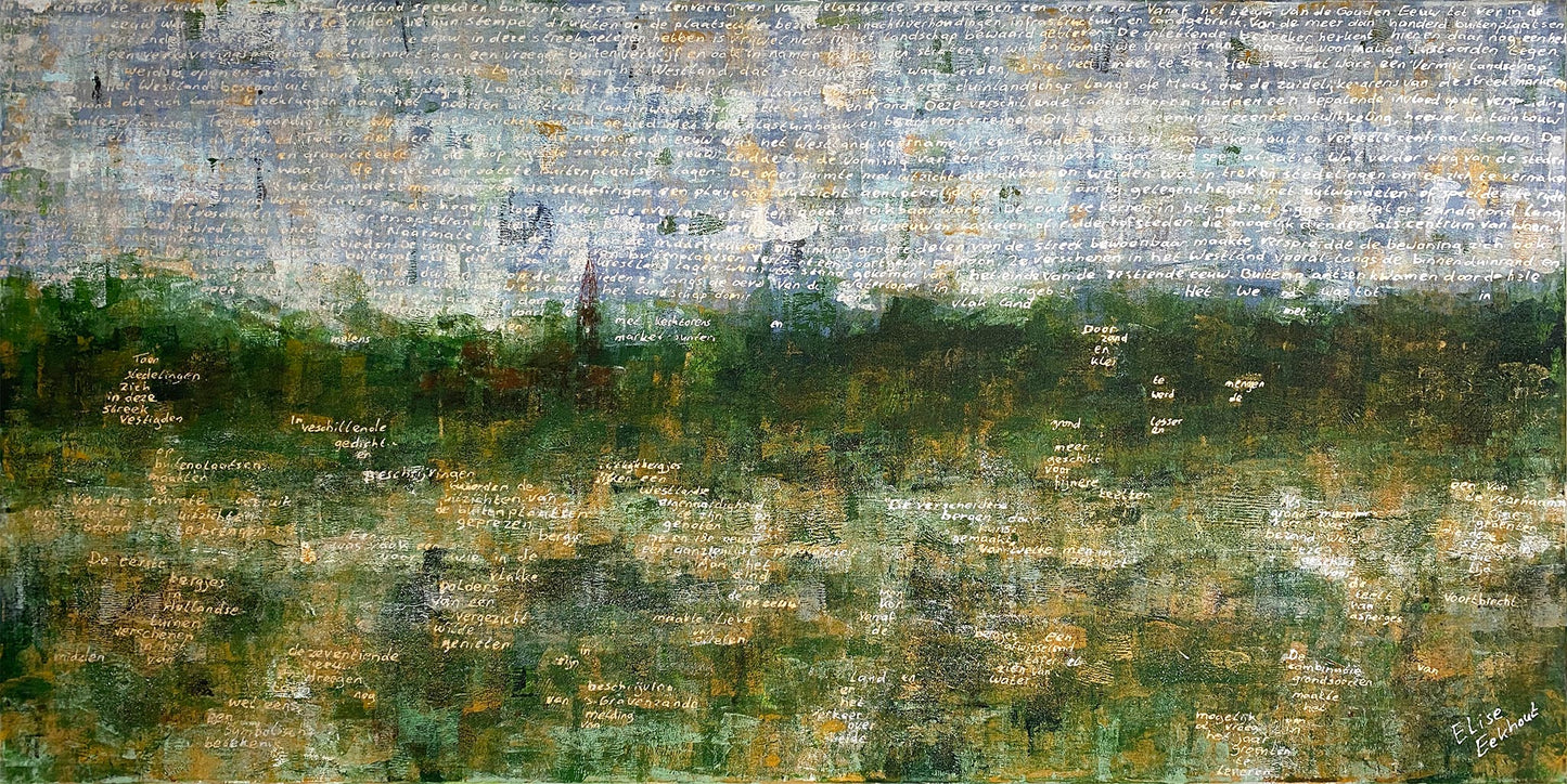 Abstract landschap schilderij van Elise Eekhout met groene en blauwe tinten en tekstdetails