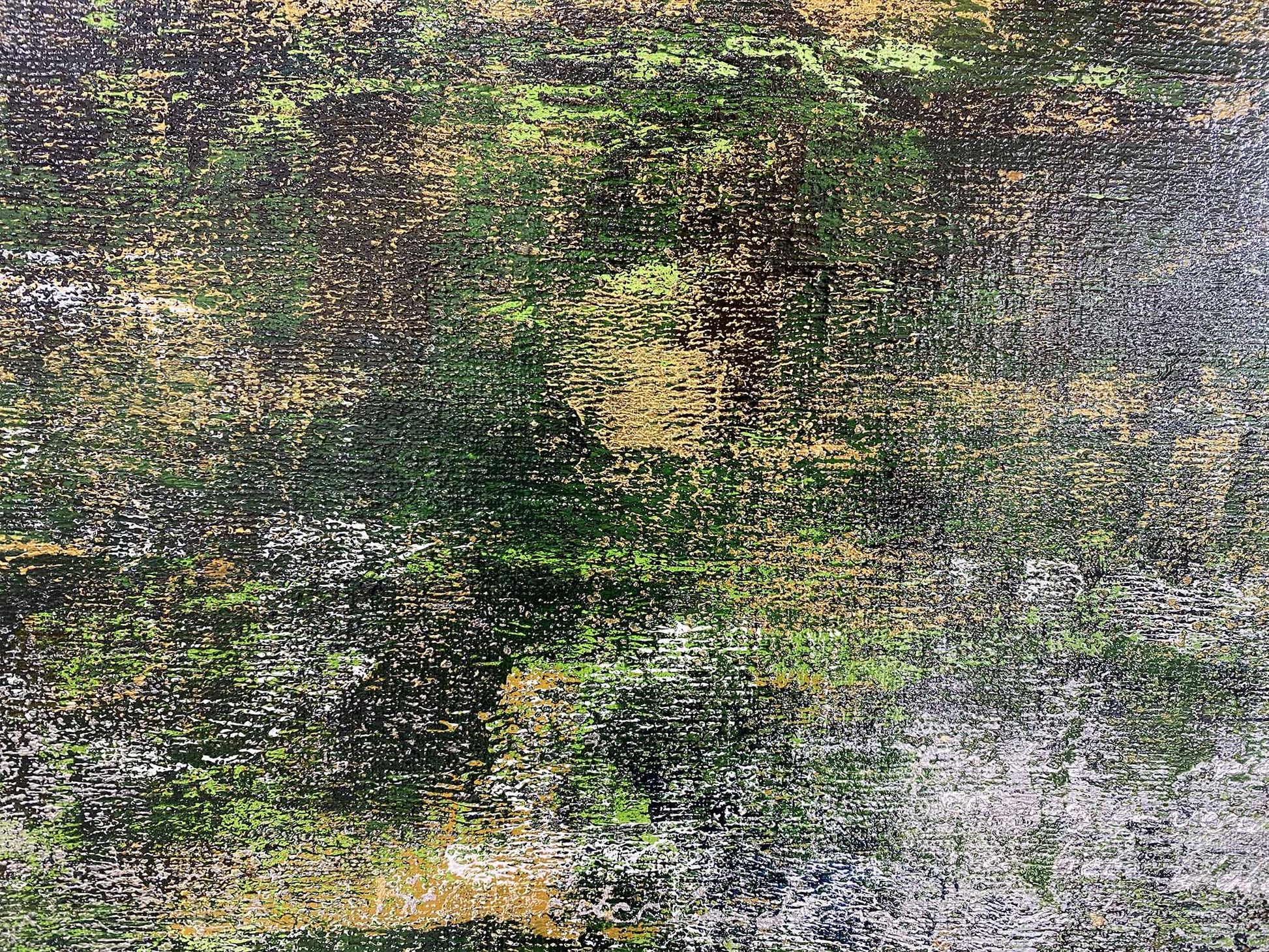 Abstracte textuur van een landschap schilderij door Elise Eekhout in groene en aardetonen