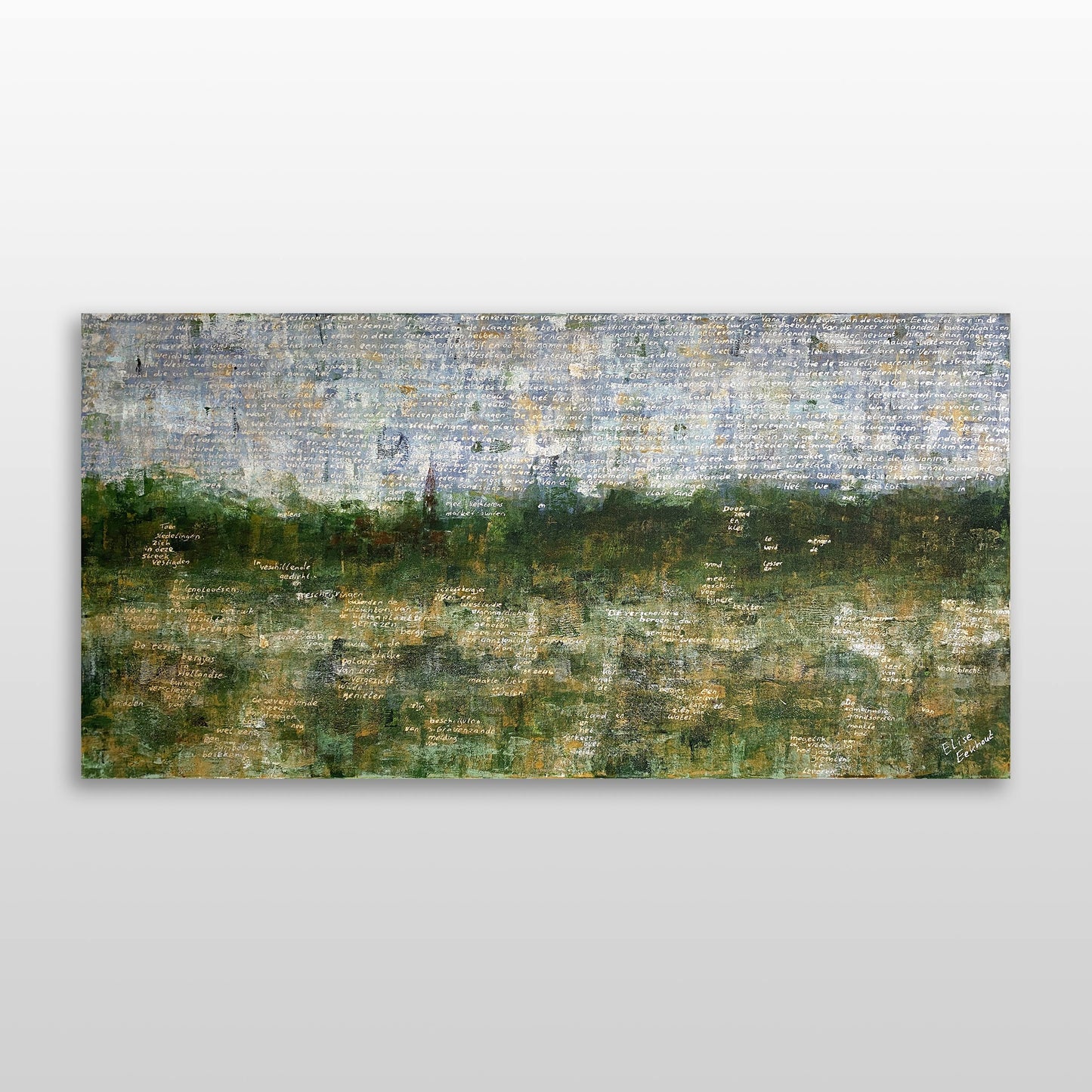 Abstract landschap schilderij van Elise Eekhout met groene en blauwe tinten