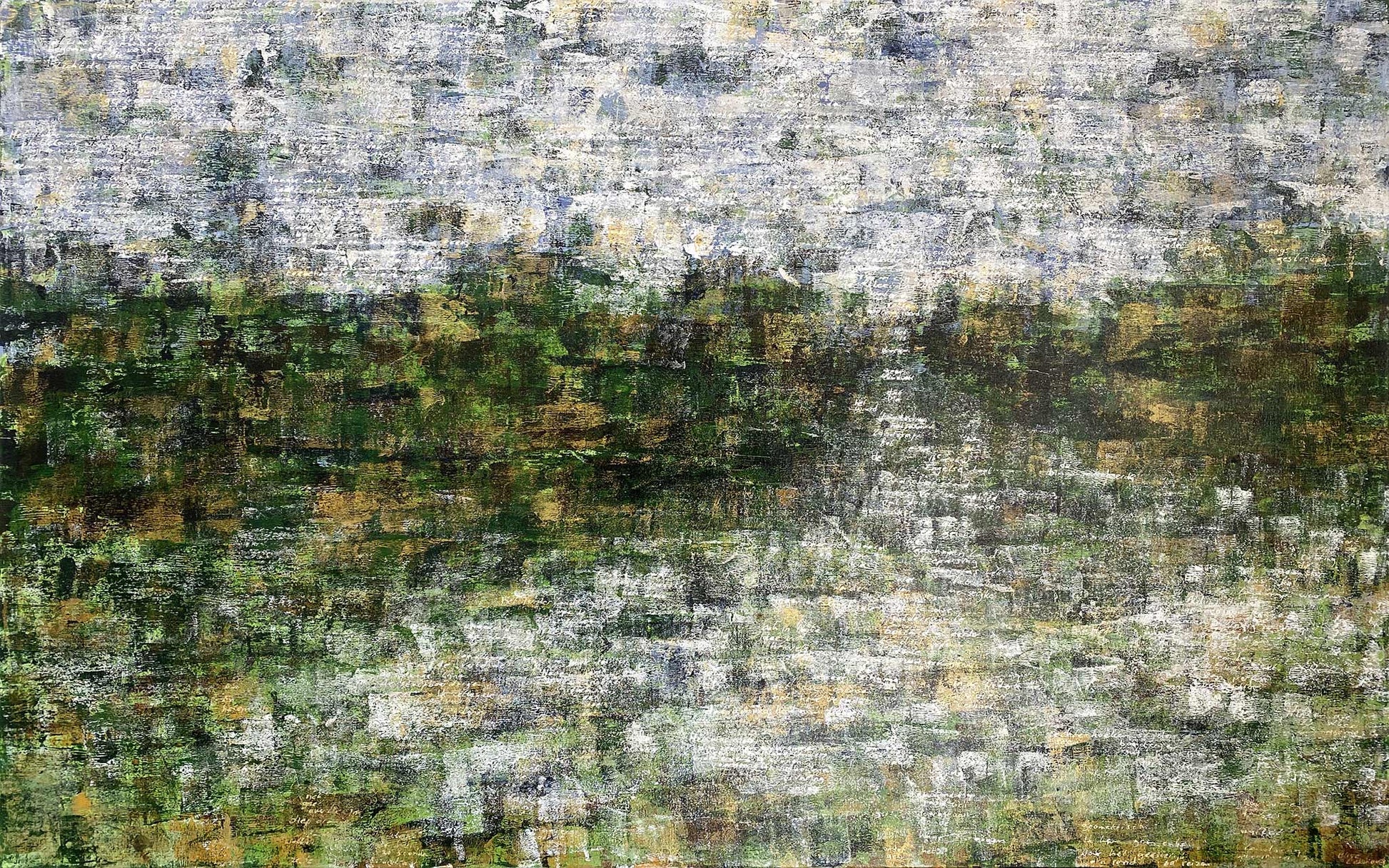 Abstract landschap schilderij van Elise Eekhout met groene en blauwe tinten