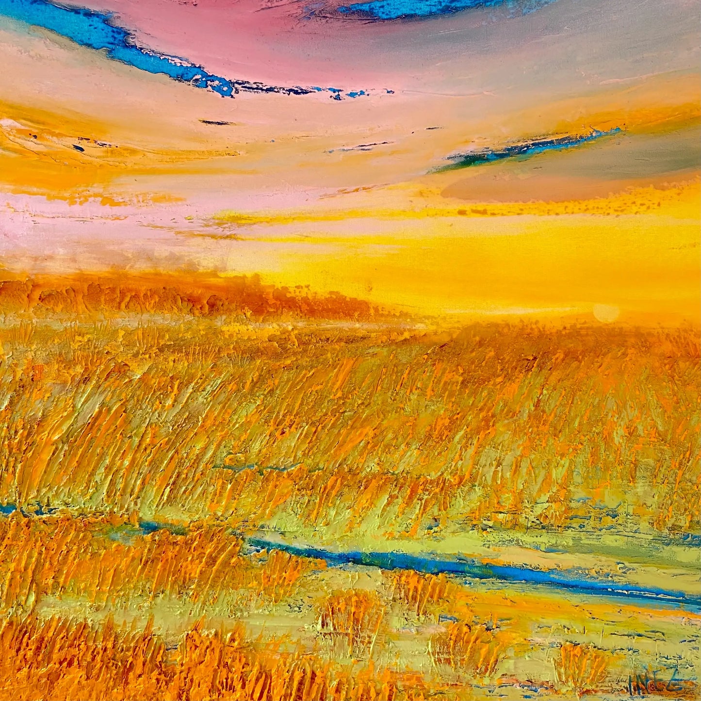 Kleurrijk landschap schilderij van een zonsondergang met levendige tinten en textuur