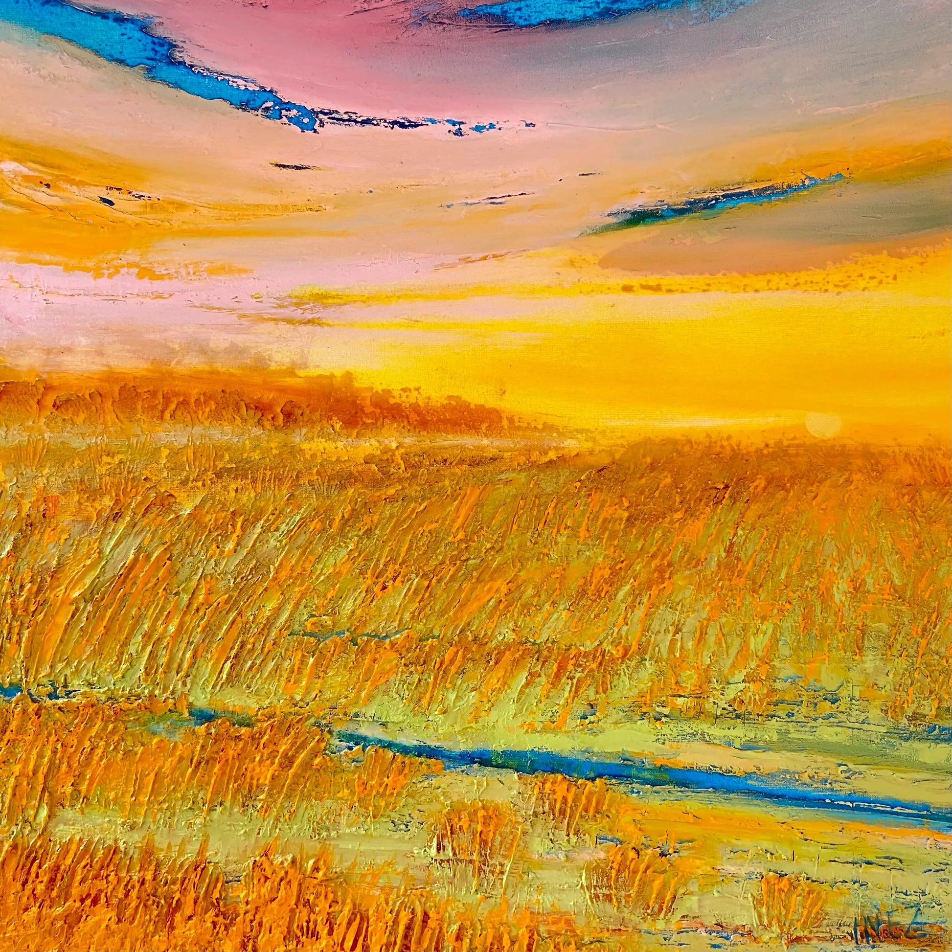 Kleurrijk landschap schilderij van een zonsondergang met levendige tinten en textuur