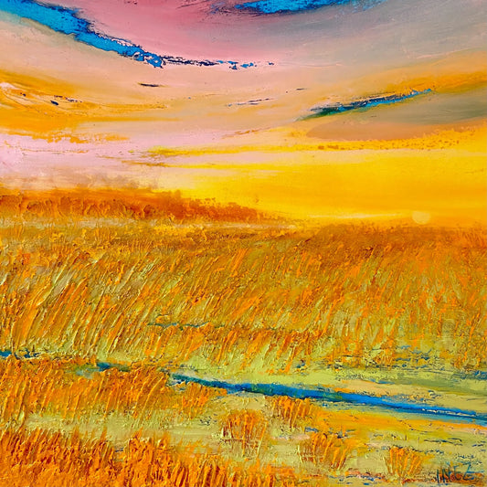 Kleurrijk landschap schilderij van een zonsondergang met levendige tinten en textuur