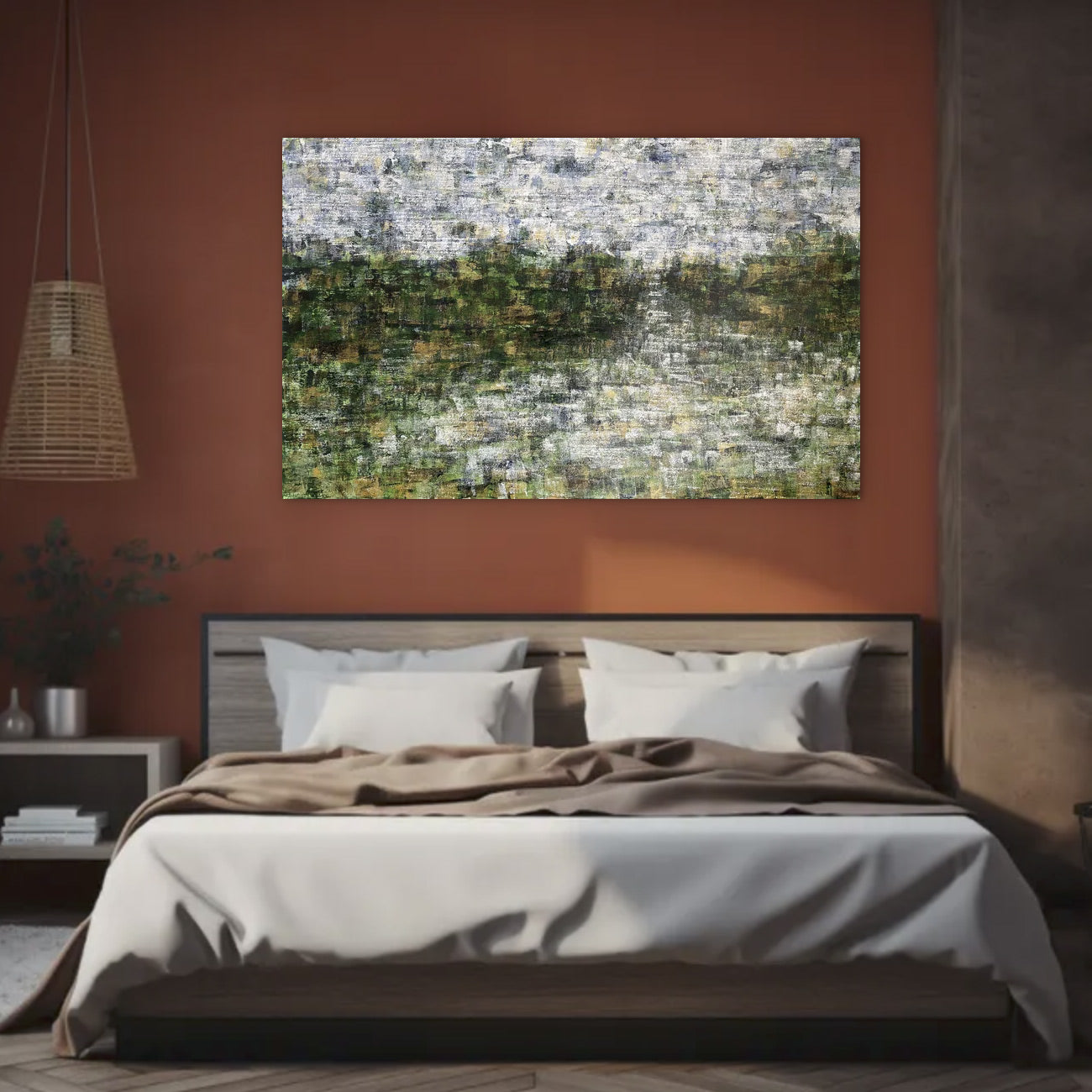 Modern landschap schilderij van Elise Eekhout boven een bed in een sfeervolle slaapkamer