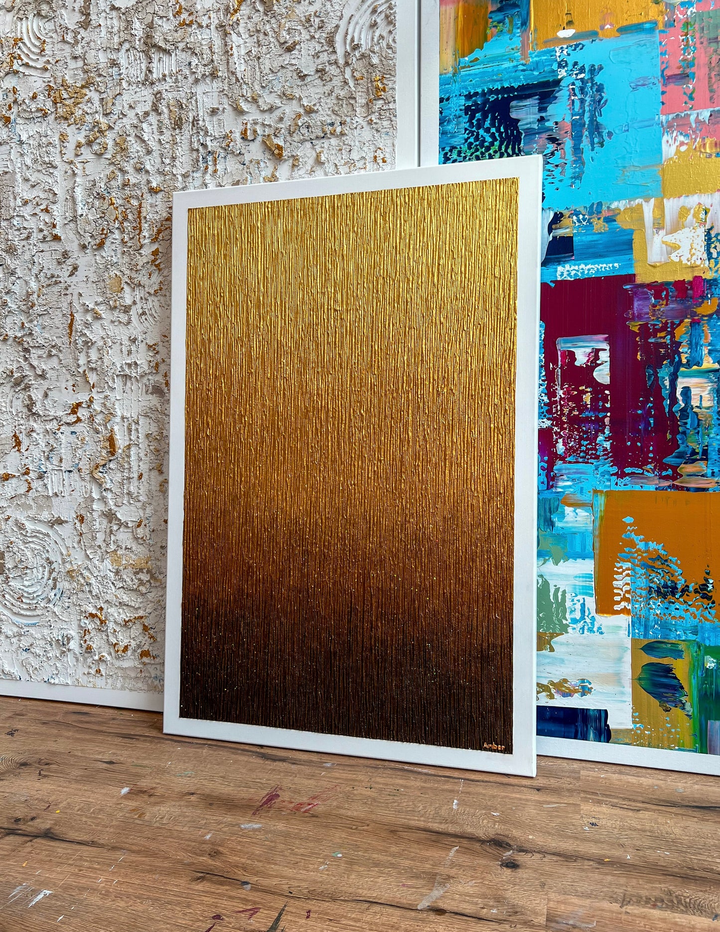 Luxe schilderij met goud tinten van Atelier58 met textuur en moderne abstracte stijl