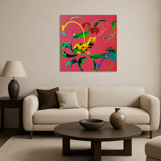 Abstract roze schilderij van Art by Marieke Brouwers felroze canvas met groene en gele abstracte vormen boven bank