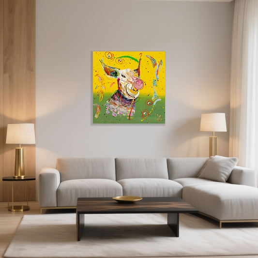 vrolijk schilderij woonkamer met kleurrijke koe kunst van Art by Marieke Brouwers boven moderne beige bank