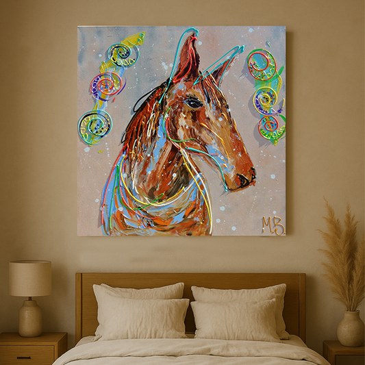 Moderne kunst paard schilderij van Art by Marieke Brouwers met kleurrijke abstracte details aan slaapkamerwand