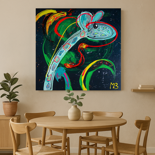 Abstract schilderij van Marieke Brouwers met kleurrijke vormen en lijnen, origineel kunstwerk kopen