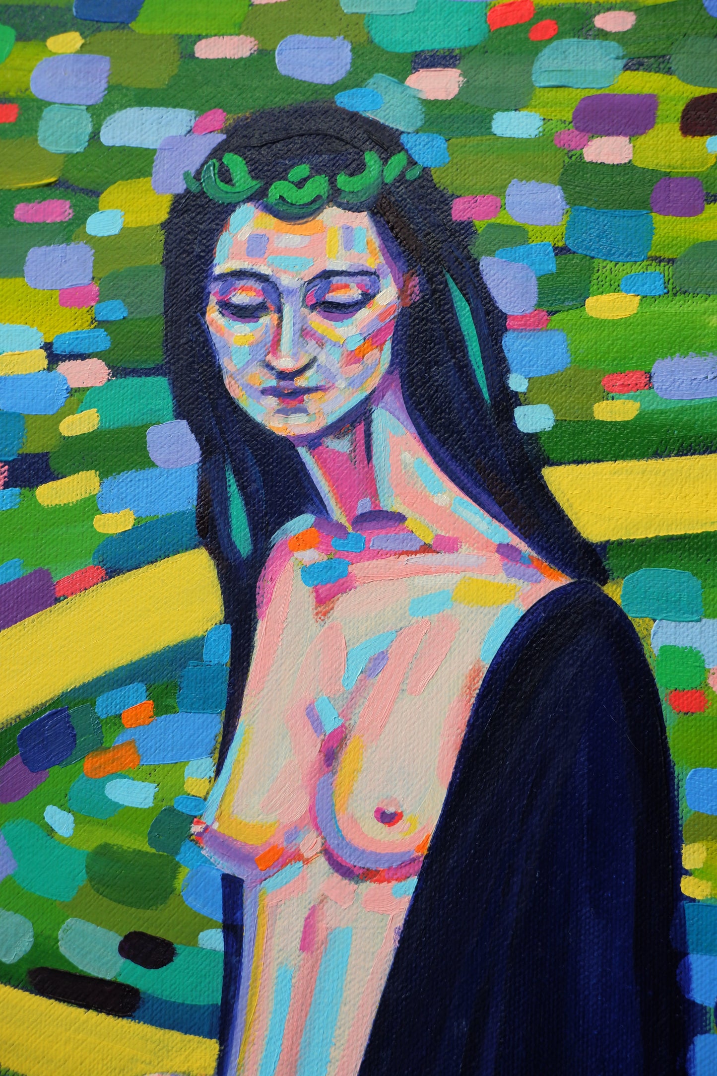 Schilderij 'midway on our life’s journey kunstwerk' met een kleurrijk portret van een vrouw in een abstracte omgeving