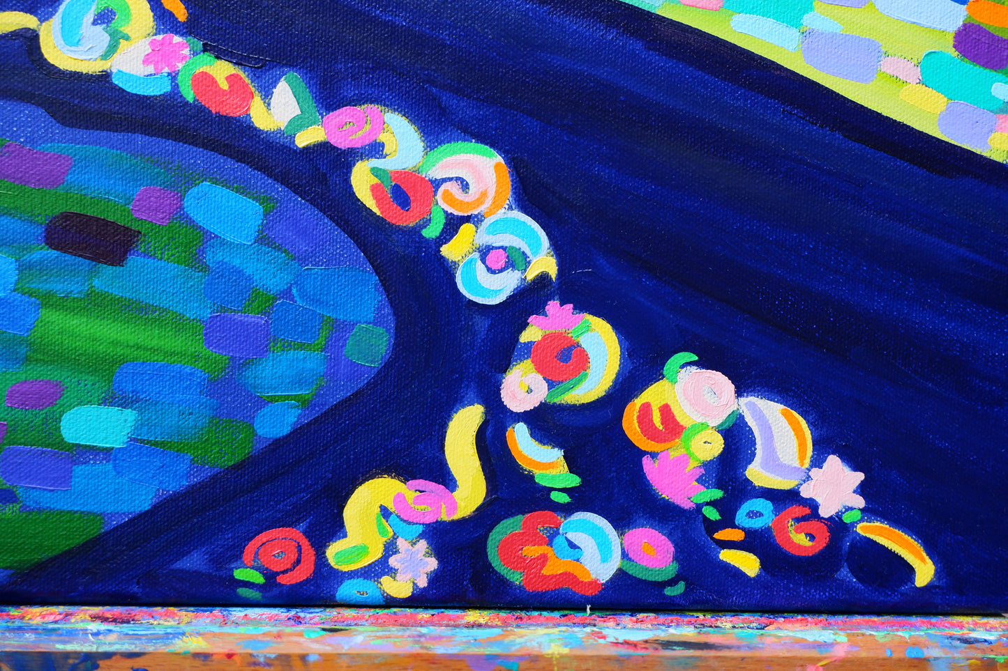 Schilderij 'midway on our life’s journey' in levendige kleuren en abstracte vormen door Van Lanigh