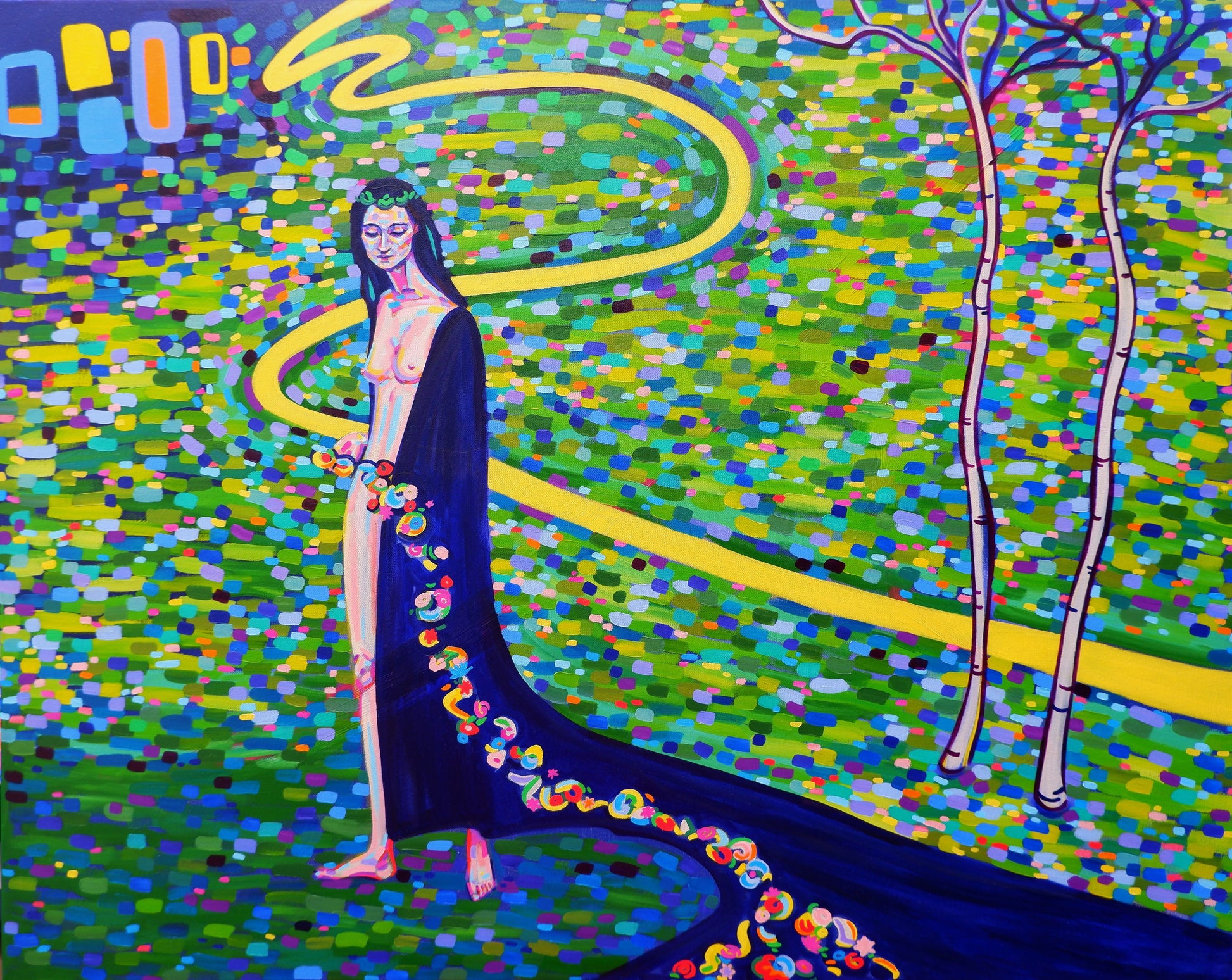 Vibrant schilderij van Van Lanigh met het thema midway on our life’s journey kunstwerk, kleurrijke natuurachtergrond