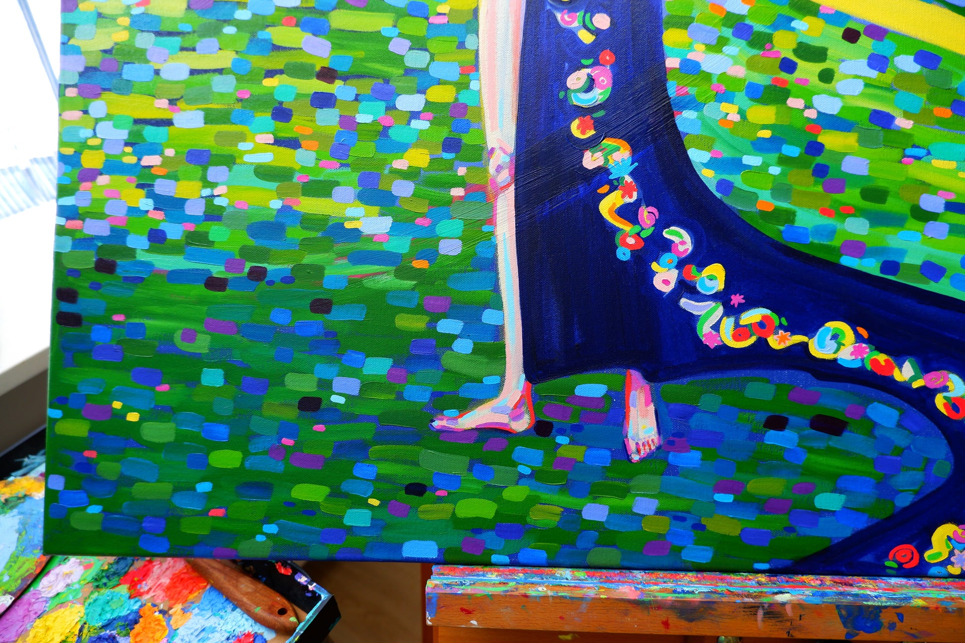 Kleurvol schilderij met de titel midway on our life's journey kunstwerk, met abstracte schildertechnieken