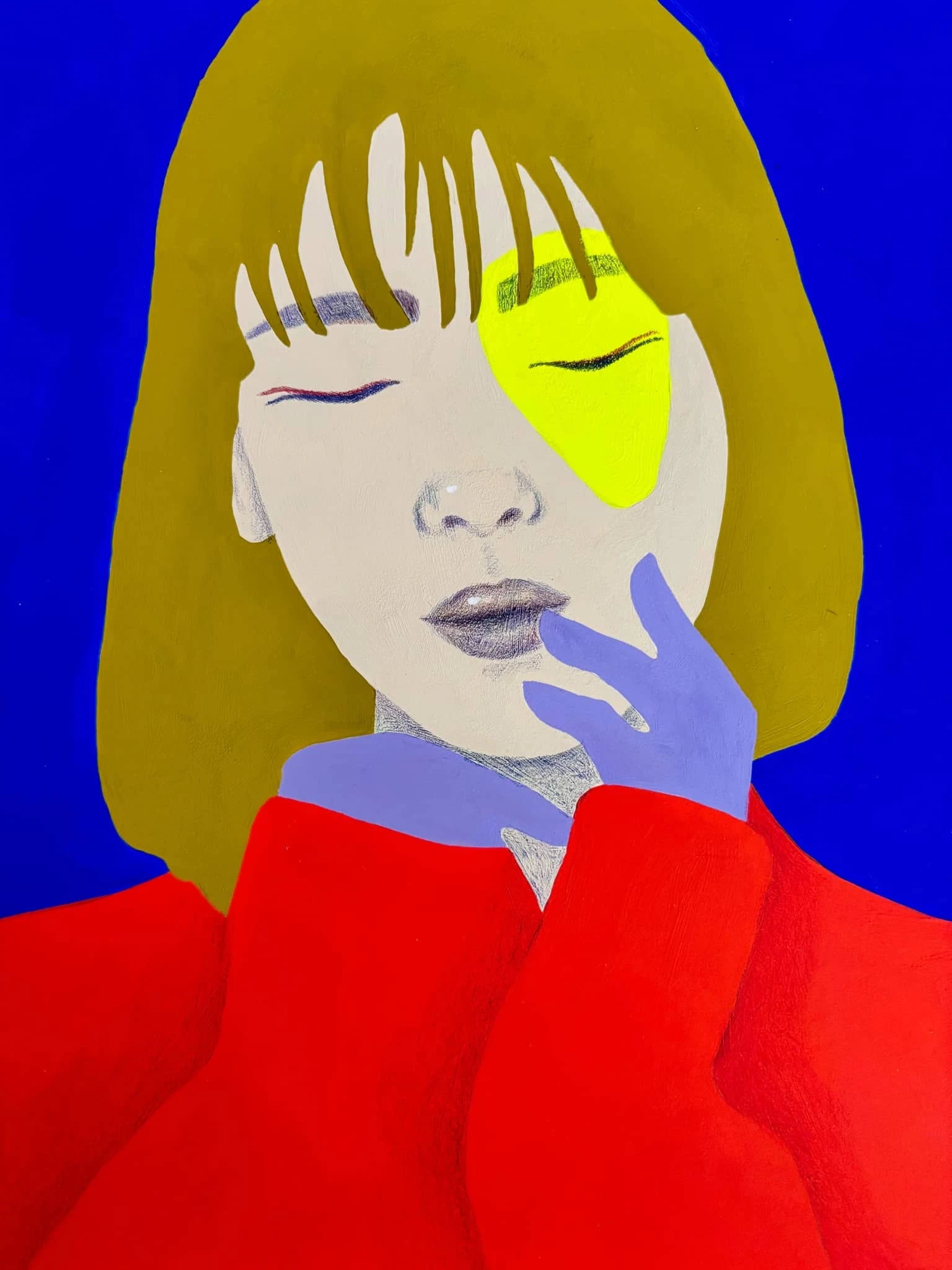 Kleurrijk miniatuur kunstwerk van een vrouw met gesloten ogen en een getemperde kleurenschema