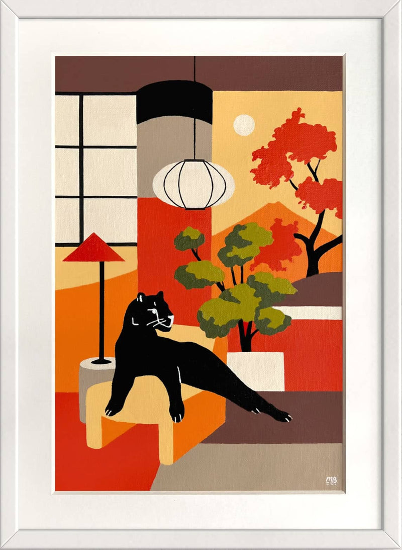 Modern schilderij van een zwarte panter in een kleurrijke woonkamer met planten en lampen