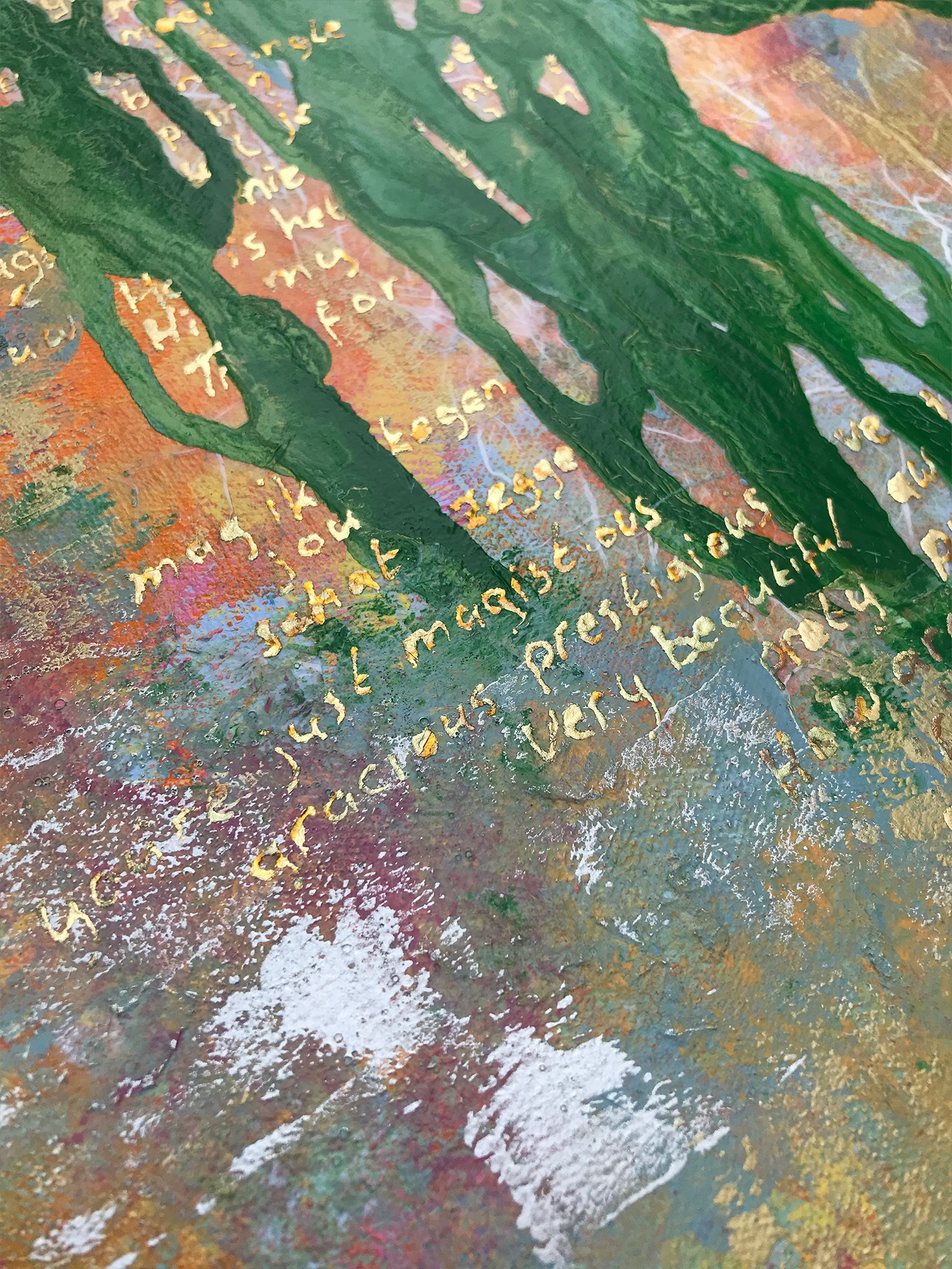 Modern schilderij van Elise Eekhout met kleurrijke patronen en handgeschreven tekstdetails