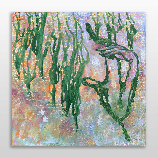 Modern schilderij van Elise Eekhout met groene cascade en abstracte elementen voor hedendaagse kunstliefhebbers