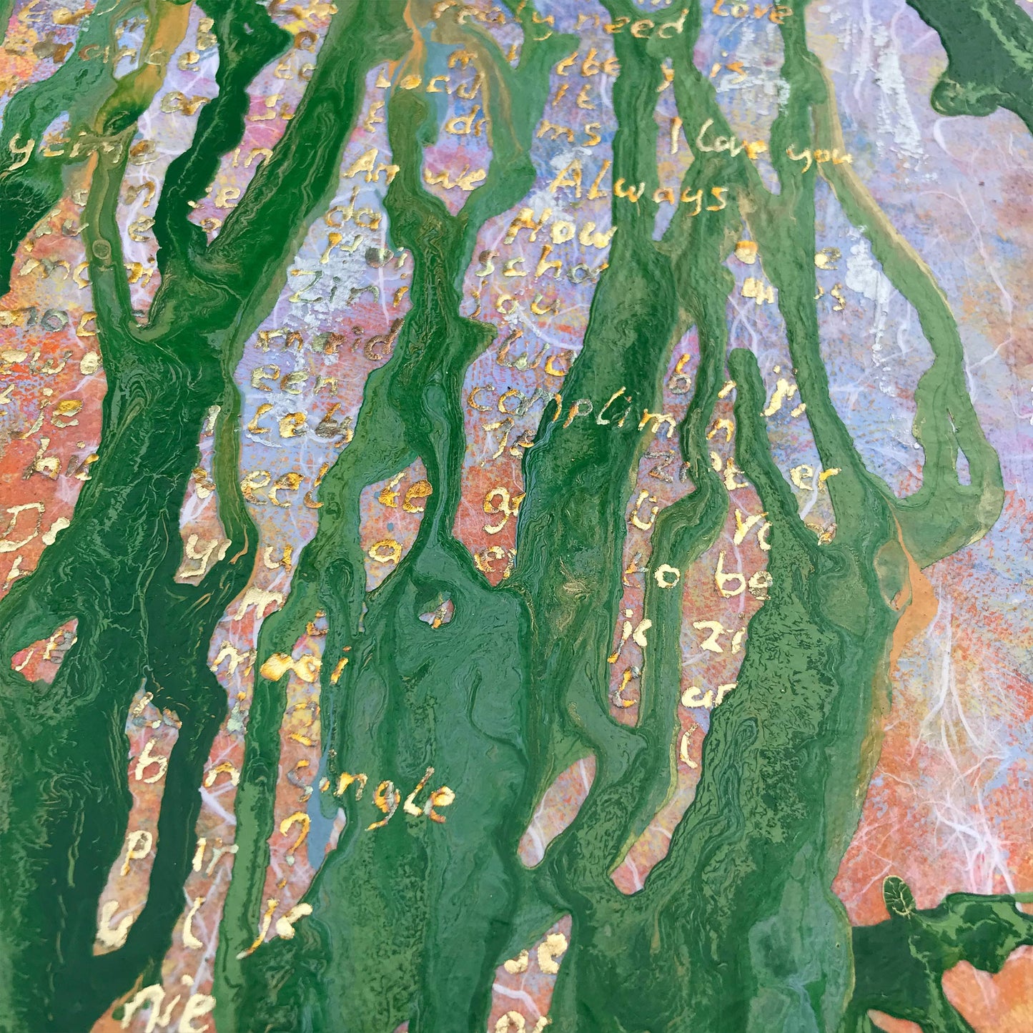 Modern schilderij van Elise Eekhout met abstracte patronen en groene accenten