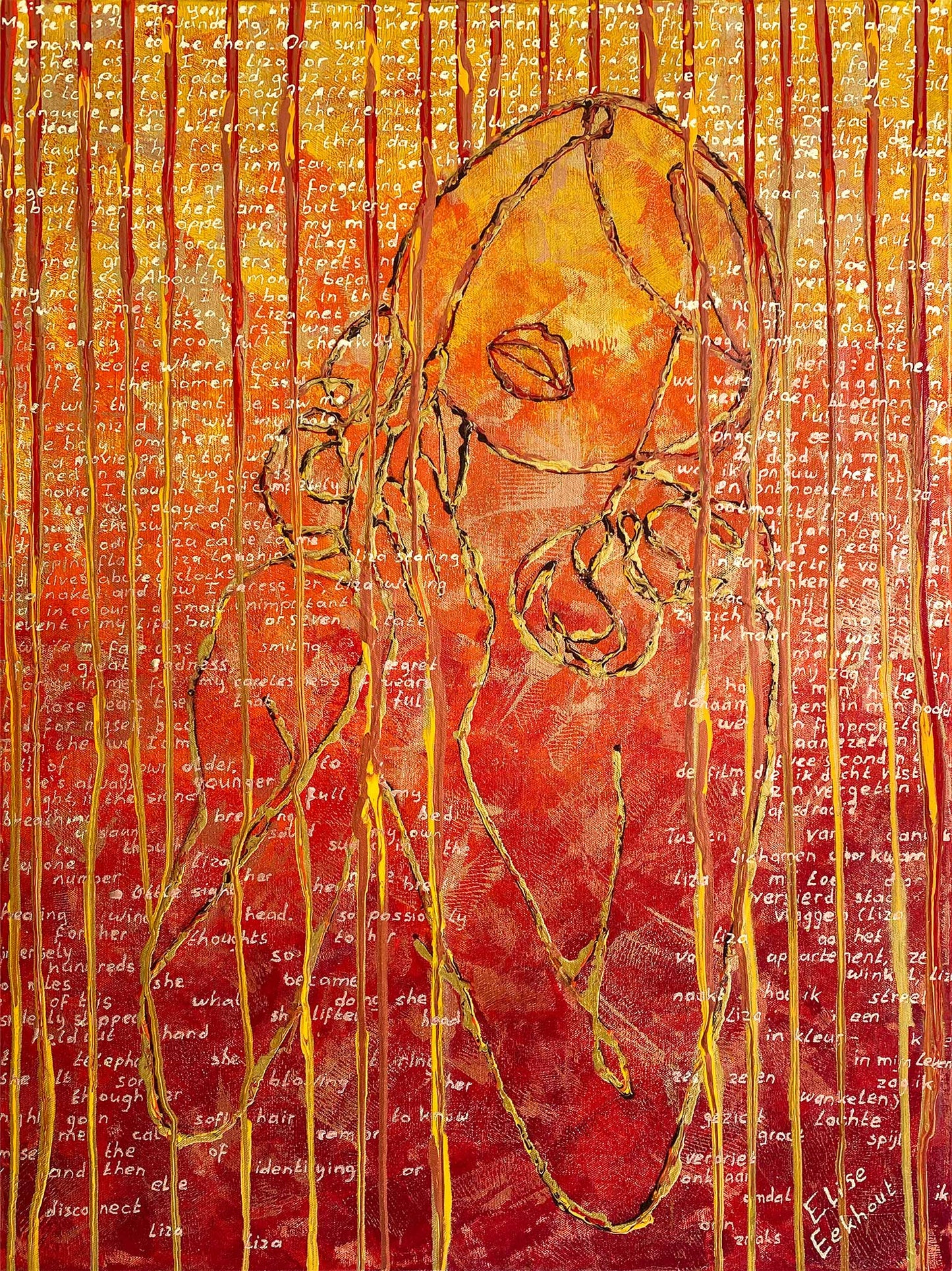 Modern schilderij Liza 03 van Elise Eekhout met abstracte figuur in warme kleuren en tekstdetails