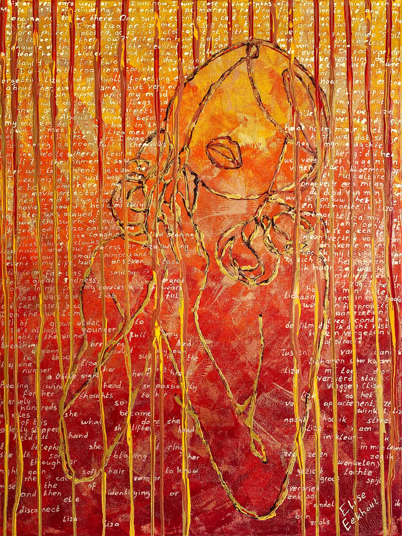 Modern schilderij Liza 03 van Elise Eekhout met abstracte figuur in warme kleuren en tekstdetails