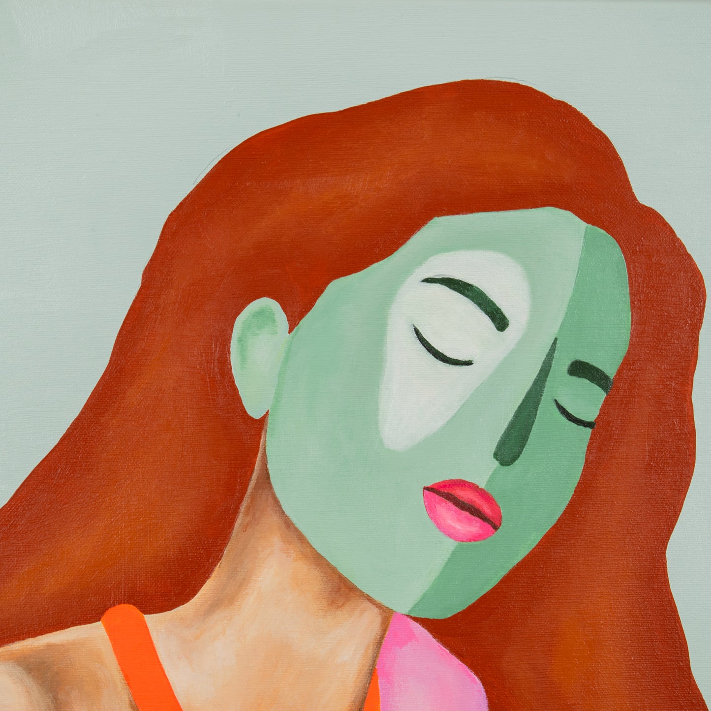 Modern schilderij vrouw met kleurrijke abstracte gezichtsdetails en een rustige uitstraling