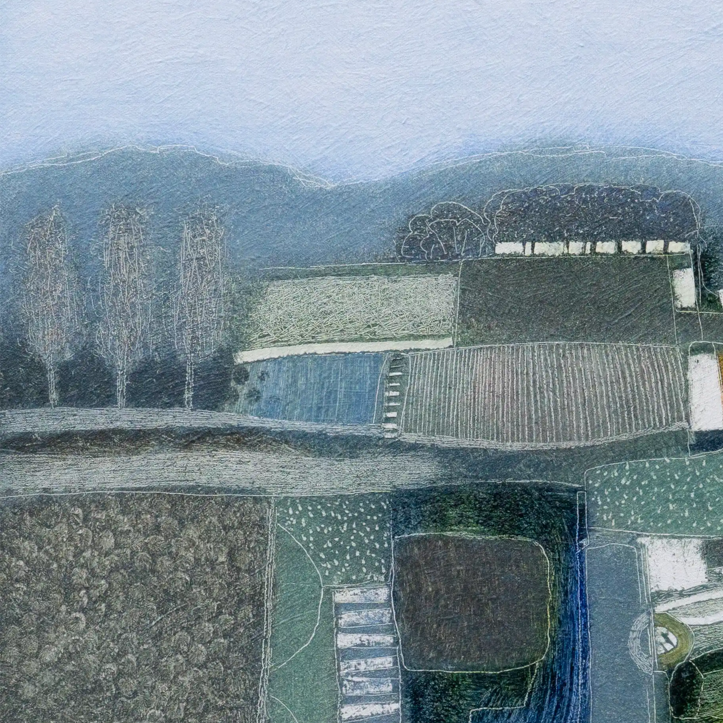 Modern winterlandschap schilderij van Rob van Hoek met zachte kleuren en abstracte vormen