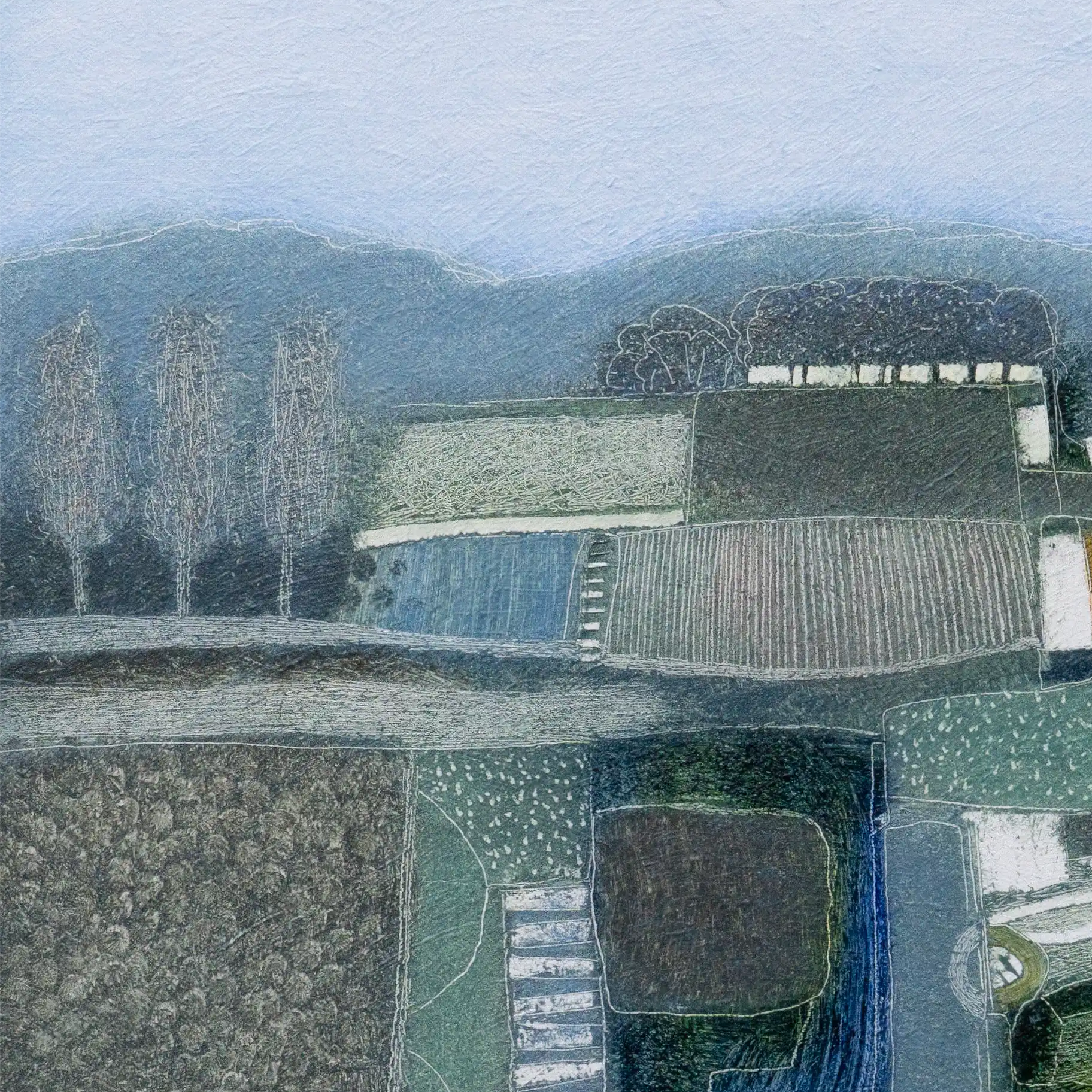 Modern winterlandschap schilderij van Rob van Hoek met zachte kleuren en abstracte vormen