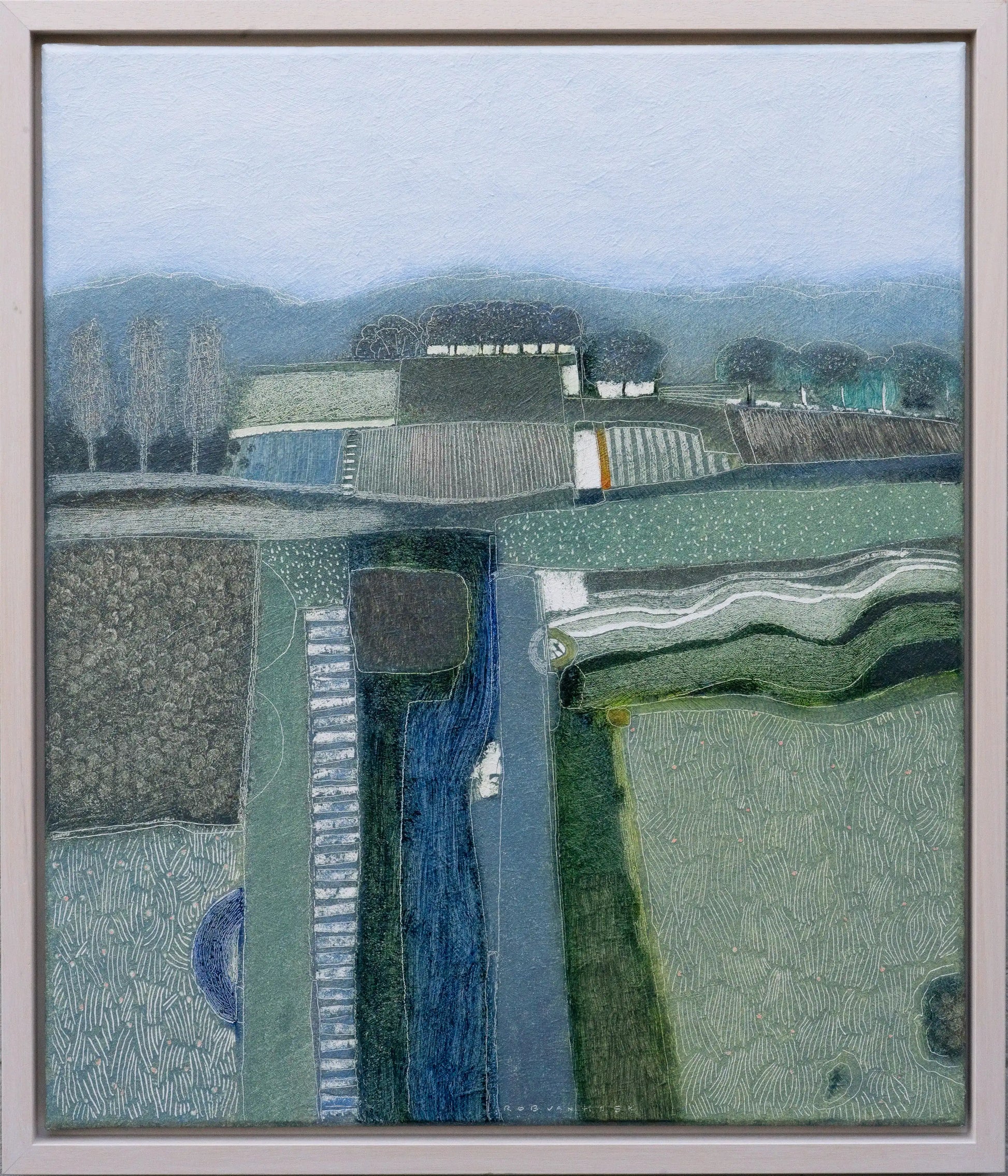 Moderne winterlandschap schilderij van Rob van Hoek met abstracte elementen en rustige kleuren