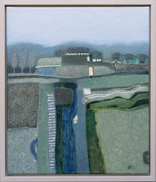 Moderne winterlandschap schilderij van Rob van Hoek met abstracte elementen en rustige kleuren