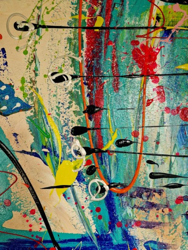 Abstract schilderij van Art by Marieke Brouwers met felle kleuren en moderne kunst aan de muur