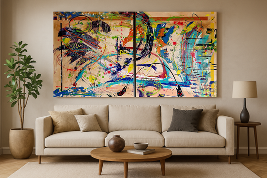 Abstract tweeluik schilderij met moderne kunst aan de muur boven een beige bank in lichte woonkamer