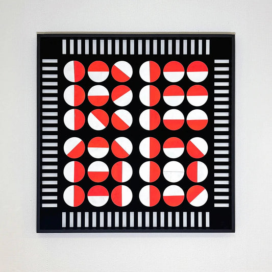 Moderne kunst van Rob Stolte met een abstract patroon van cirkels in rood, wit en zwart