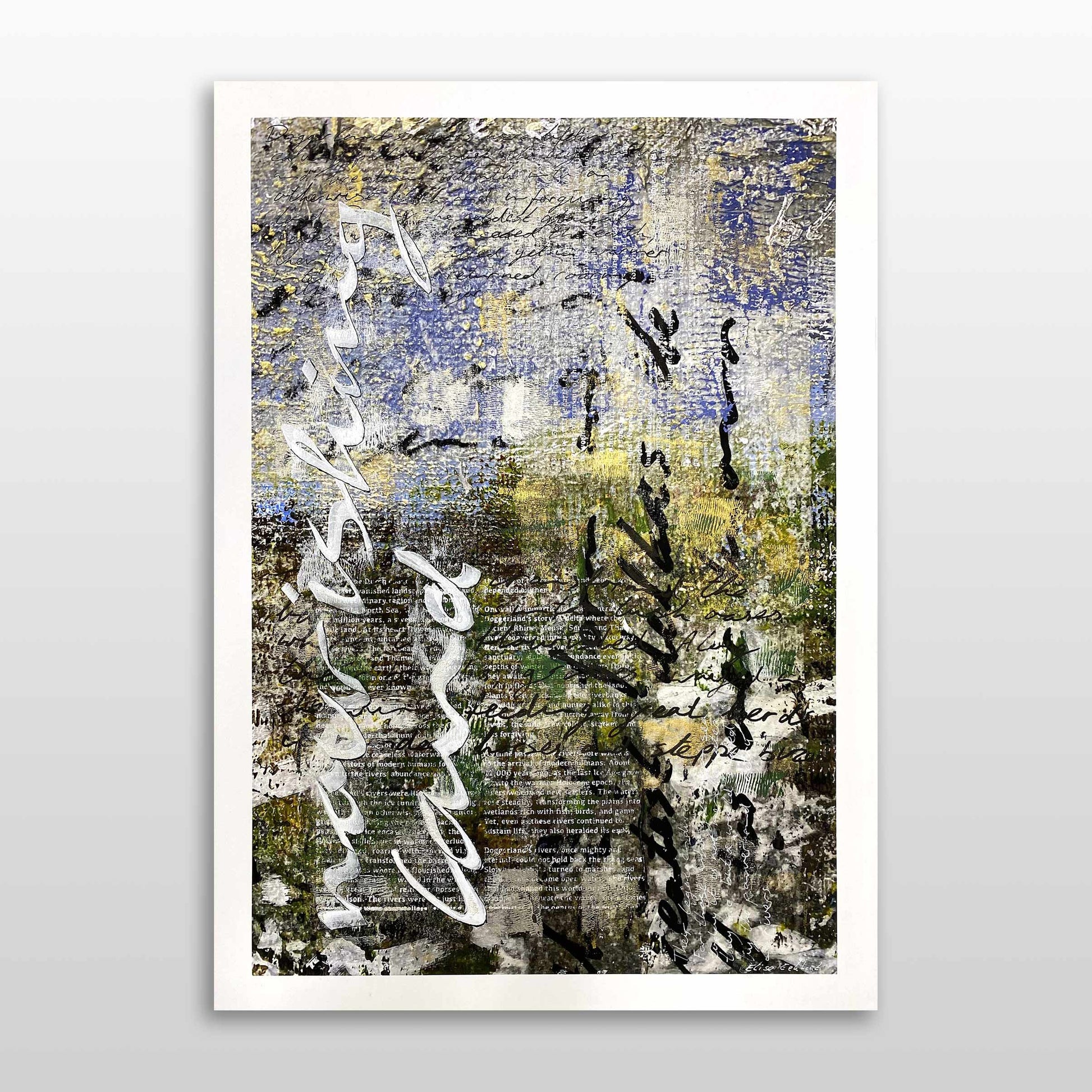 Modern schilderij van Elise Eekhout met abstracte tekst en kleuren, moderne kunst voor interieur