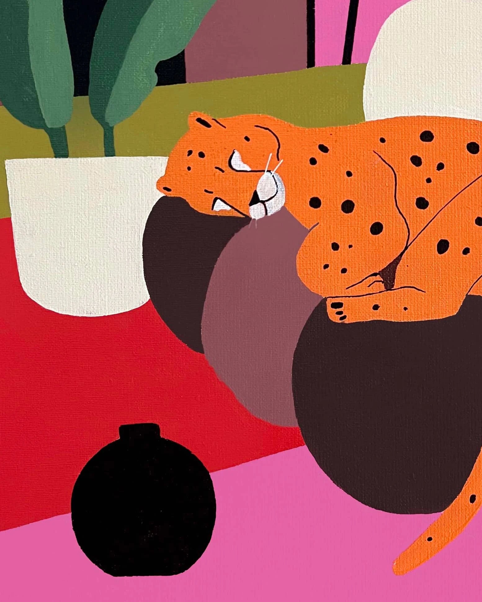 Moderne kunstwerk van een luie jaguar die op een zitzak ligt met felle kleuren en planten op de achtergrond