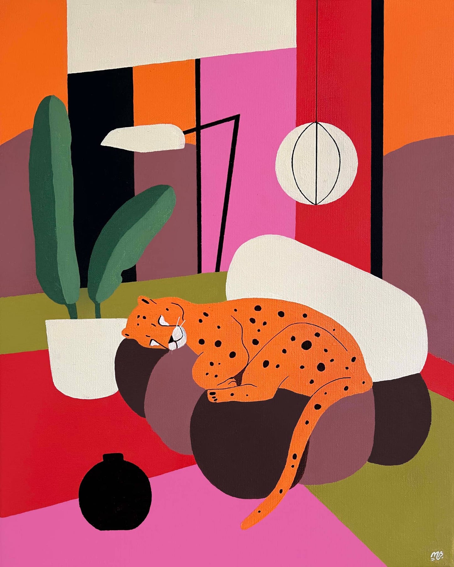 Schilderij van een liggende panter in een moderne interieur met felle kleuren, moderne kunstwerk