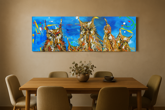 Modern schilderij van vier kleurrijke uilen aan een blauwe achtergrond moderne uil schilderij