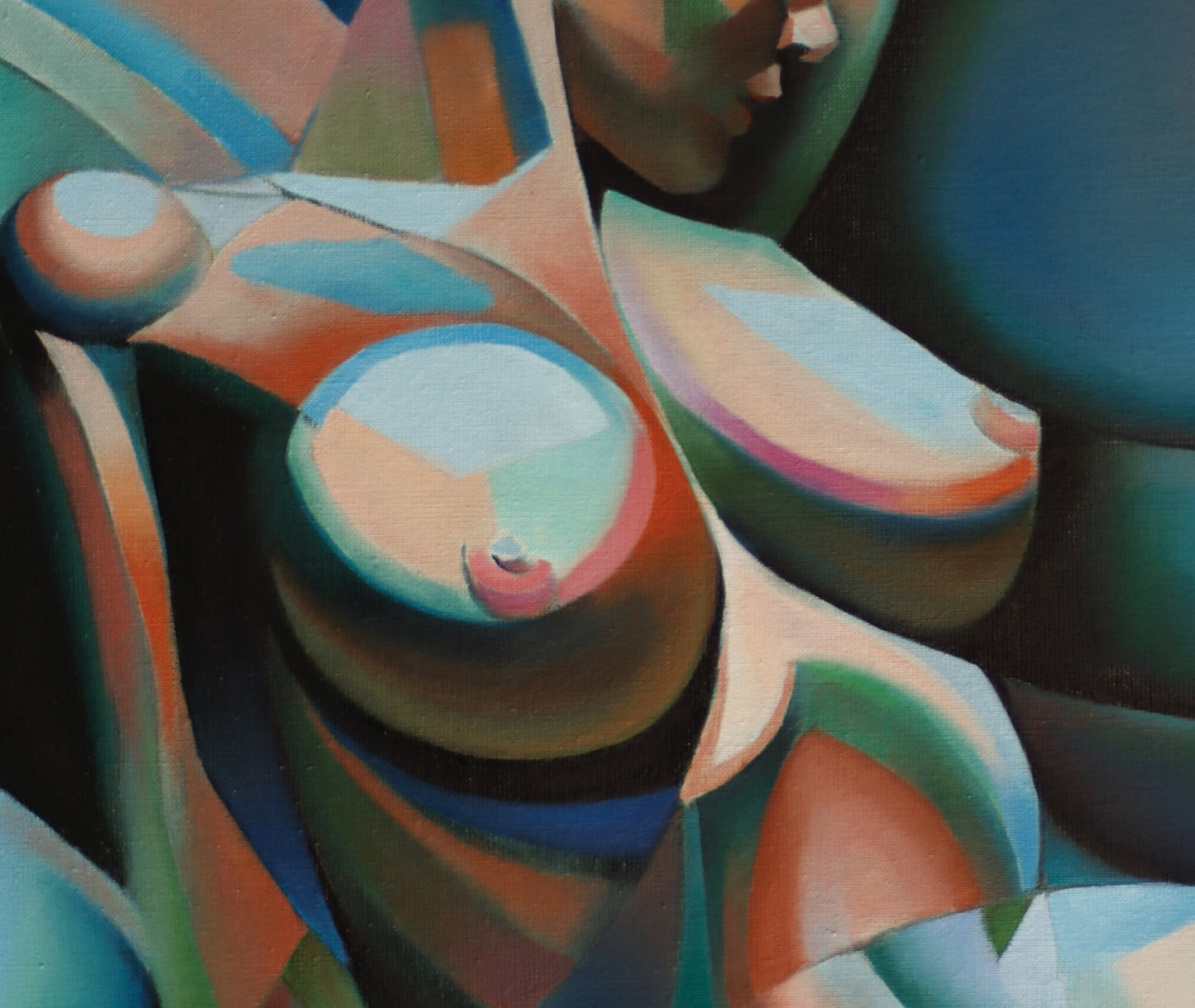 Neo deco schilderij van een abstracte figuur met kleurrijke geometrische vormen en zachte lijnen