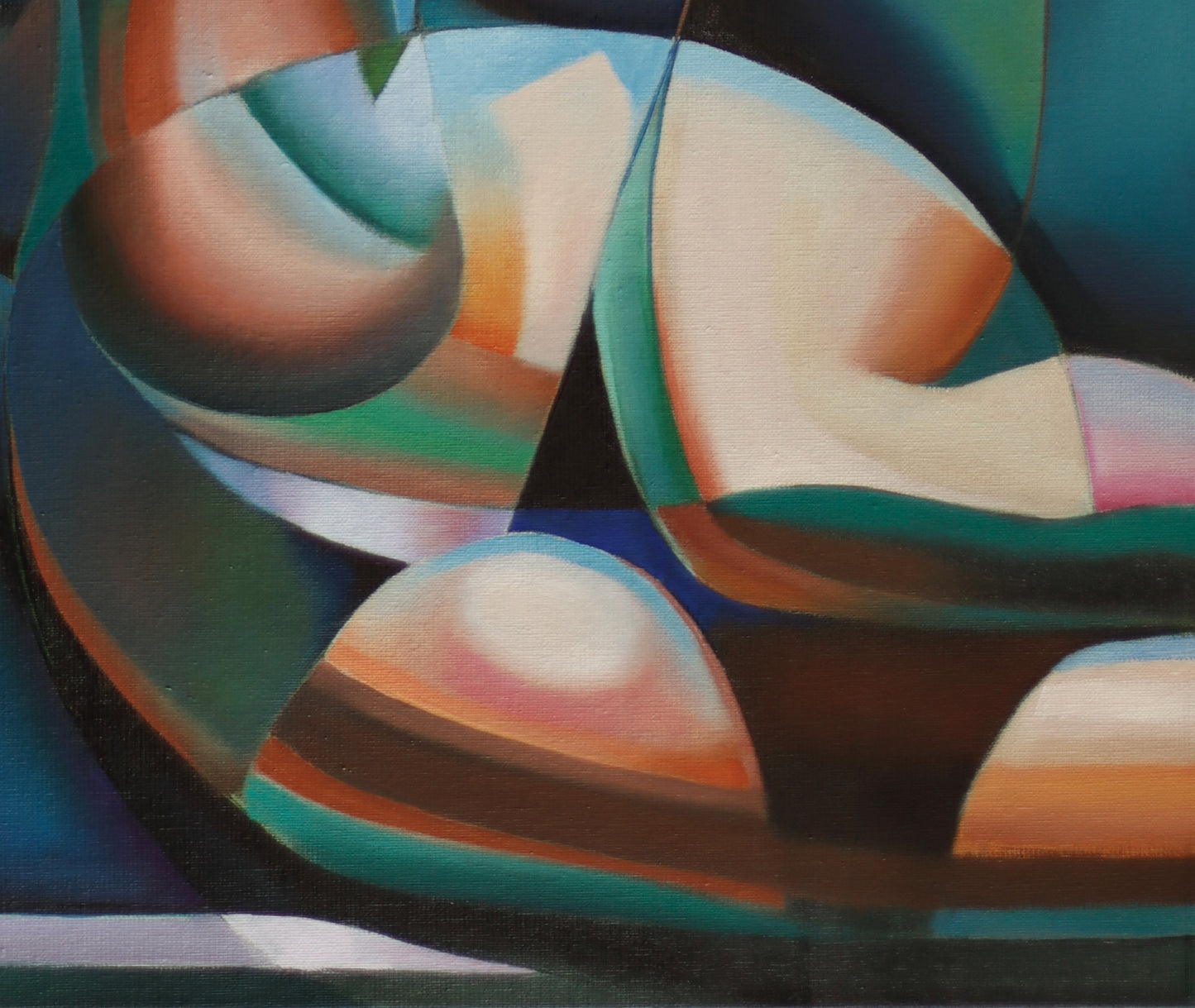 Neo deco schilderij van Corné Akkers met kleurrijke abstracte vormen en dynamische compositie