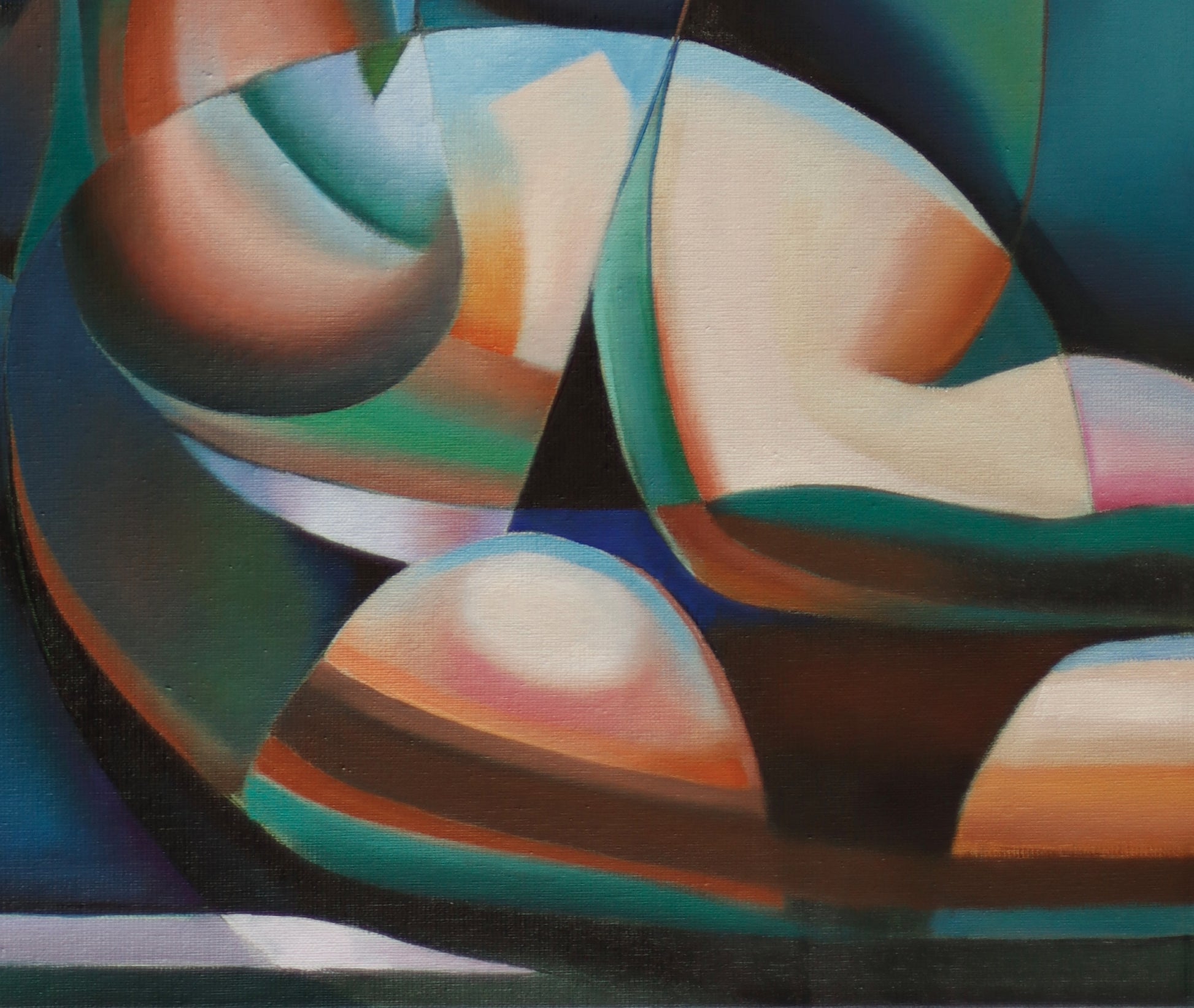 Neo deco schilderij van Corné Akkers met kleurrijke abstracte vormen en dynamische compositie