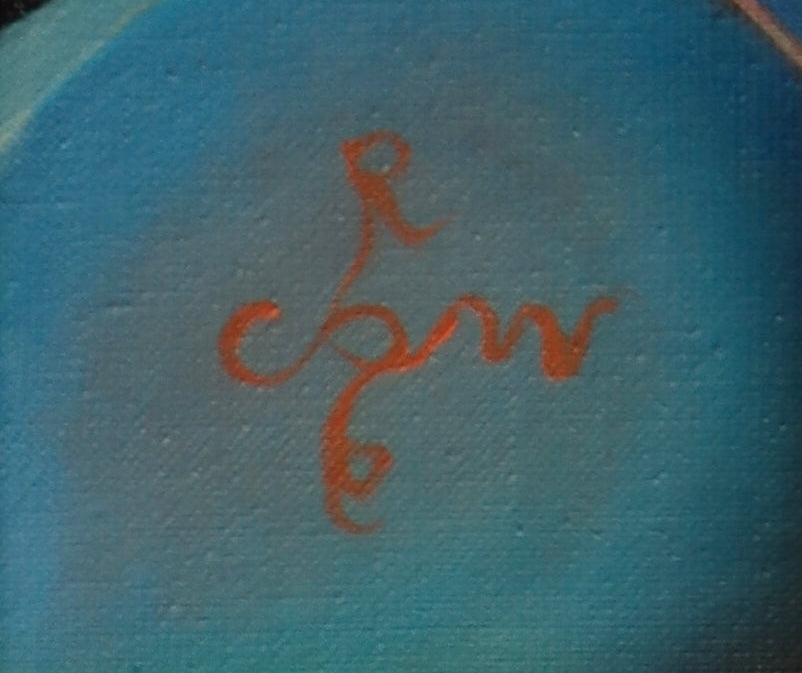 Neo deco schilderij met een abstracte blauwachtige achtergrond en kunstzinnige handtekening