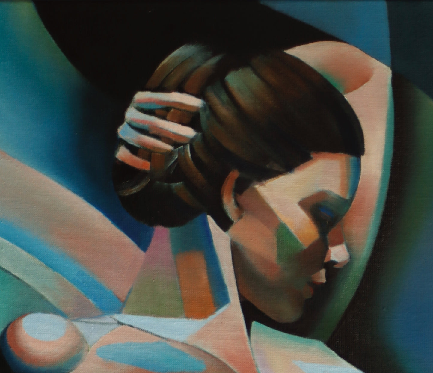 Neo deco schilderij van een vrouw met een moderne abstracte stijl in koele tinten