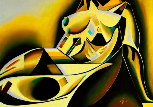 Futuristisch abstract olie schilderij met gele en zwarte tinten van een zittende figuur