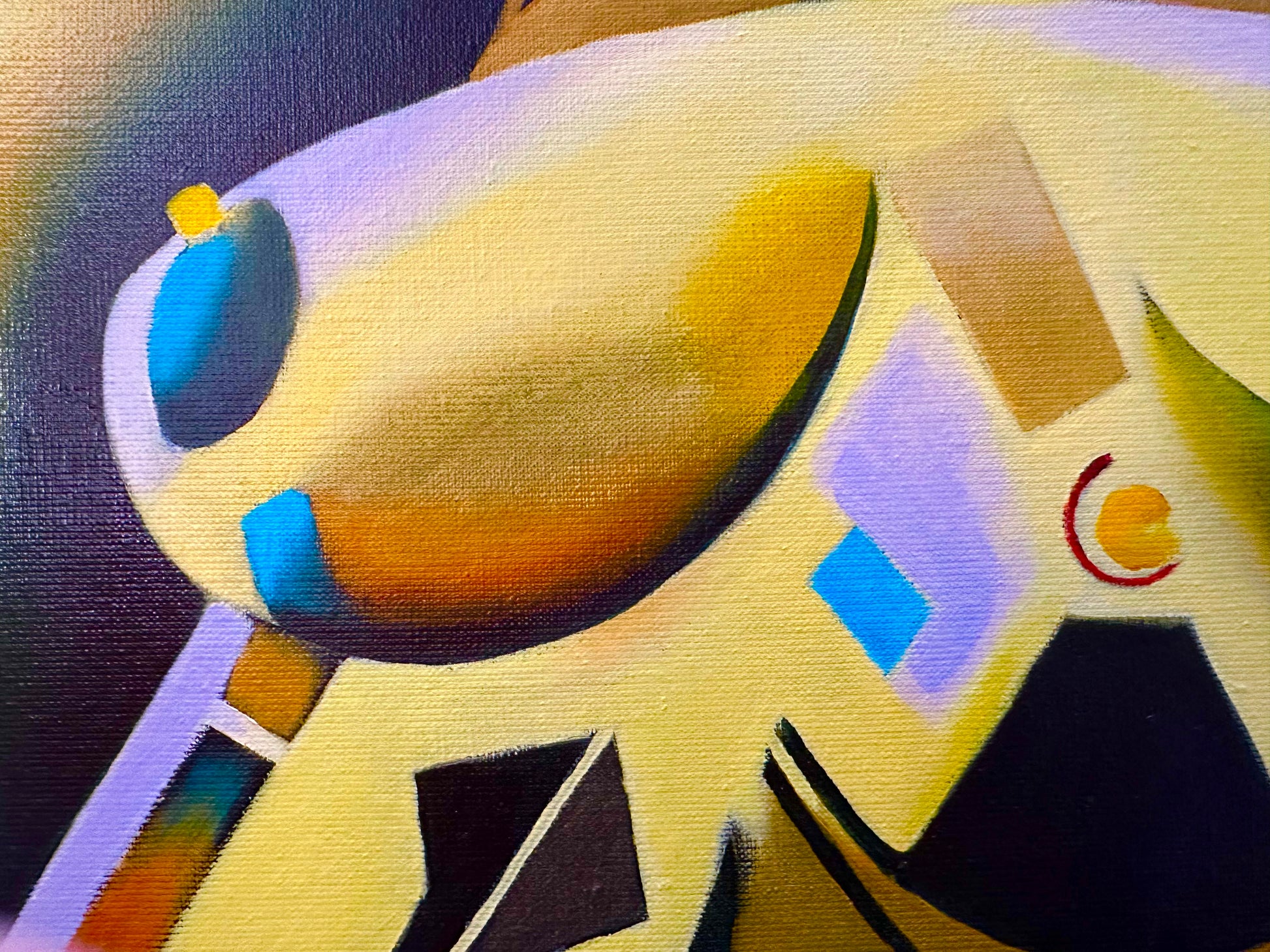 Abstract olie schilderij van kleurrijke vormen met een nadruk op gebogen lijnen