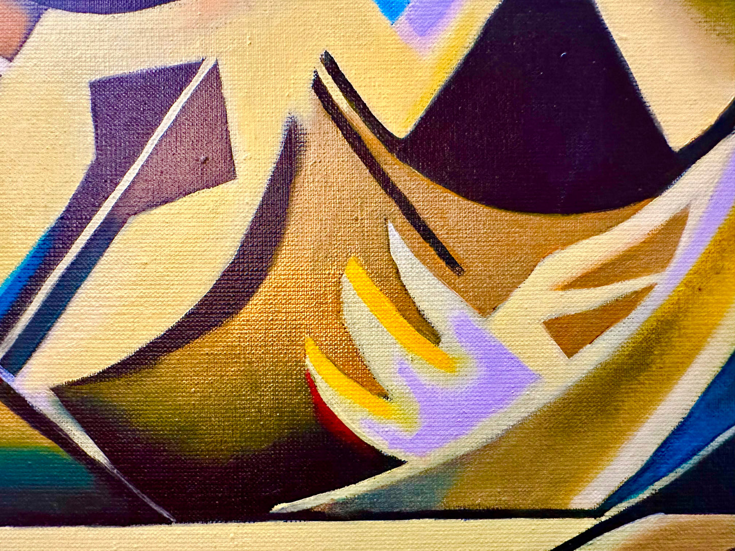 Kleurrijk olie schilderij met abstracte vormen en dynamische lijnen van Corné Akkers