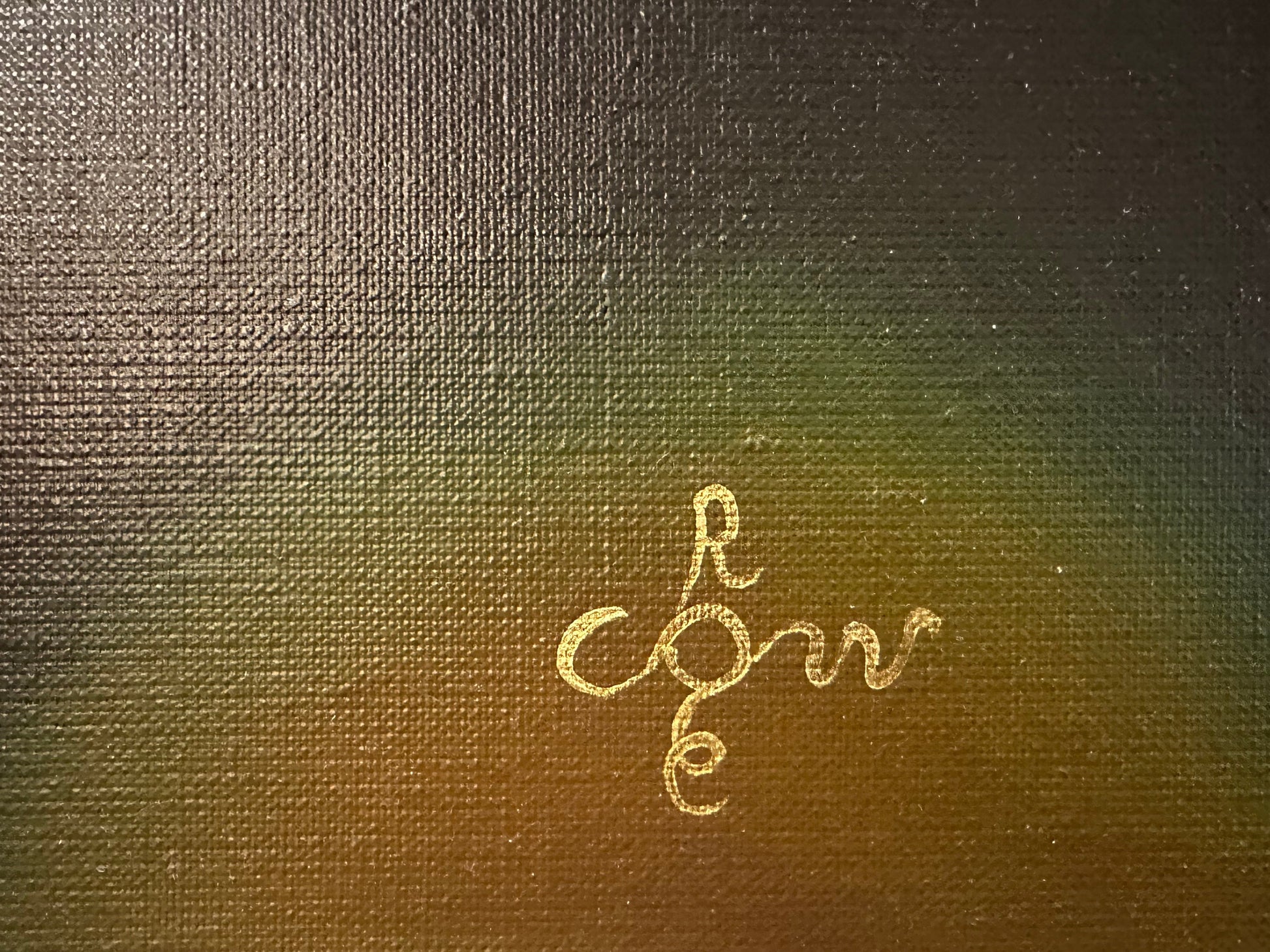 Handtekening op een olie schilderij van Corné Akkers met een abstracte achtergrond