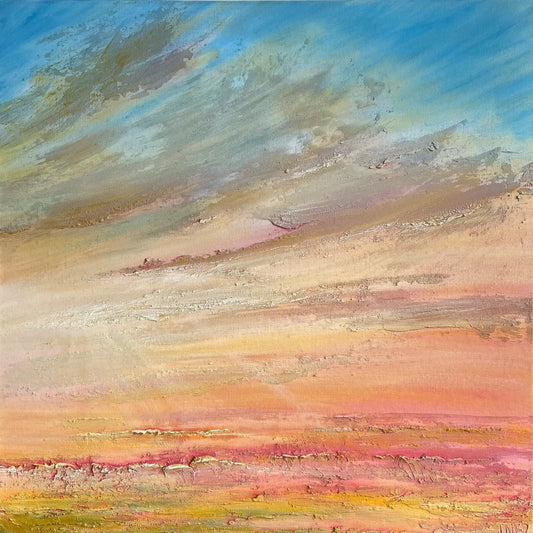 Abstract olieverf schilderij met zachte tinten van blauw en roze in een luchtige landschapsscene