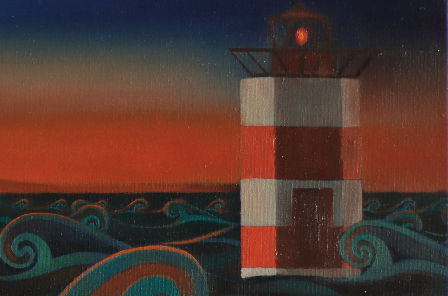 Schilderij van een vuurtoren met golven in de voorgrond, getiteld The Infinite Waves of Eternity