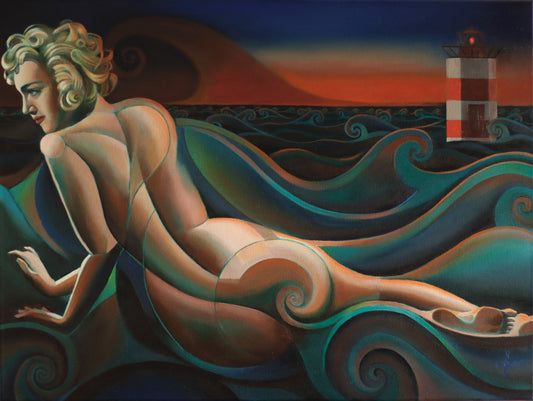 Schilderij 'The Infinite Waves of Eternity' van Corné Akkers met vrouw in golven en vuurtoren op achtergrond